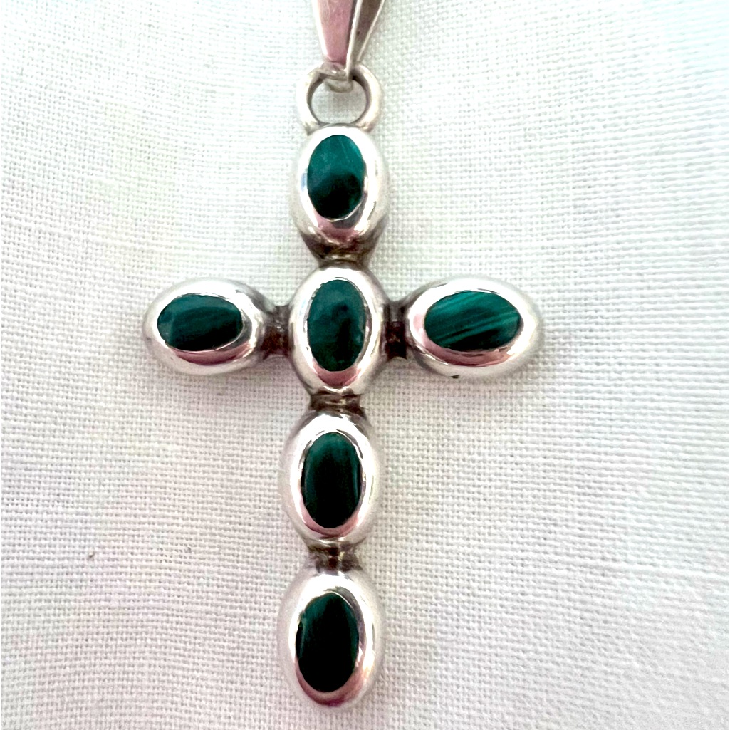 Vintage Taxco Mexico .925 Sterling & Malachite Gemstone Cross Signed